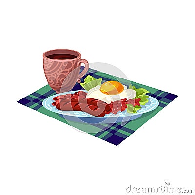 Fresh breakfast with a fried egg, lettuce, sausages and beans and a cup of drink. Vector illustration in cartoon style. Vector Illustration