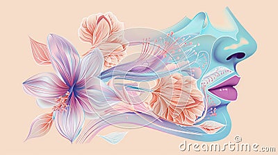 Fresh breath concept, transparent head with flowers and exhaled air. Stock Photo