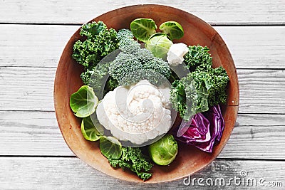 Fresh Broccoli, Cauliflower and Cabbage on Bowl Stock Photo