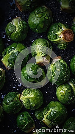 Fresh Brussels sprouts with water drops. Product for vegetarians. AI Generated. Stock Photo