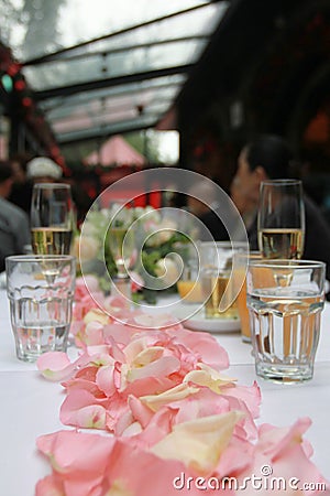 a Fresh bunch of pink peonies and roses at wedding table Editorial Stock Photo