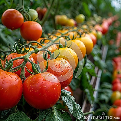 Fresh bunch of red natural tomatoes on a branch Stock Photo