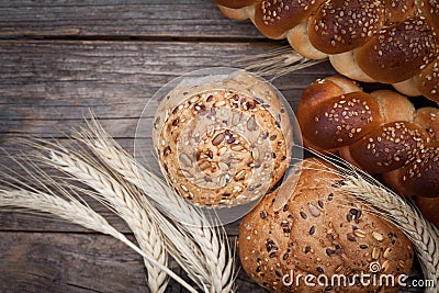 Fresh buns on the bakery table Stock Photo