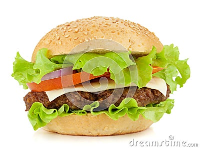 Fresh burger with beef, cheese, onion and tomatoes Stock Photo