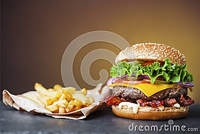 Fresh burger with french fries Stock Photo