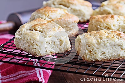 Fresh Buttermilk Southern Biscuits Cooling on Cooling Rack Stock Photo