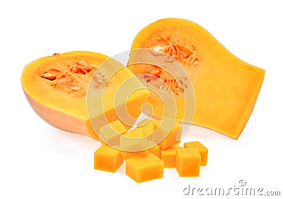 Fresh butternut squash with cubes isolated on white background Stock Photo