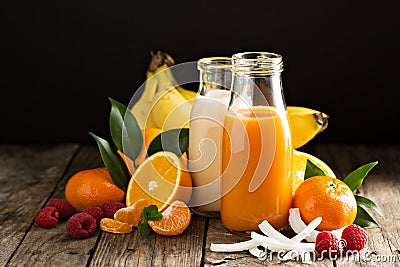 Fresh carrot, orange and coconut juices Stock Photo