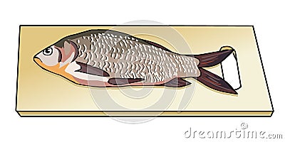 Fresh caught fish on wooden cutting board. Sea fish. River fish. Shoe scales. Preparation of fish. Cookery. Vector. Vector Illustration