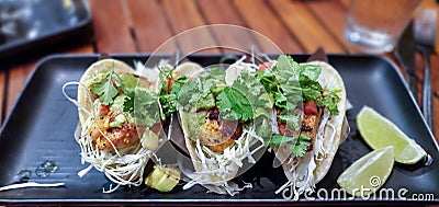 Fresh caught Mahi Mahi fish tacos with shredded cabbage, avocado, tomatillo salsa, vine-ripened tomatoes, and cilantro on corn Stock Photo