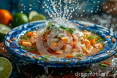 Fresh Ceviche Dish with Shrimp, Avocado, and Lime in a Traditional Bowl, Splash of Lime Juice, Mexican Cuisine Stock Photo