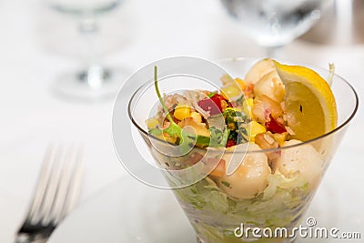 Fresh Ceviche in Glass on Table Stock Photo