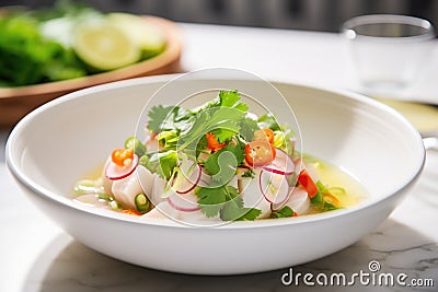 fresh ceviche in a white bowl with lime wedges and cilantro Stock Photo