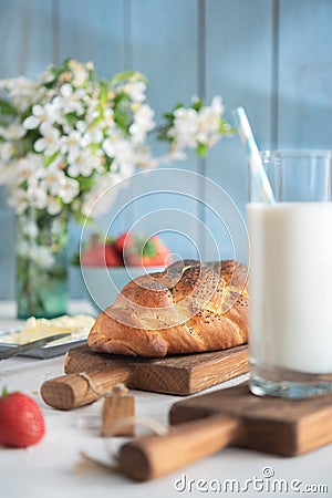 Fresh challah bread for breakfast on rural background Stock Photo