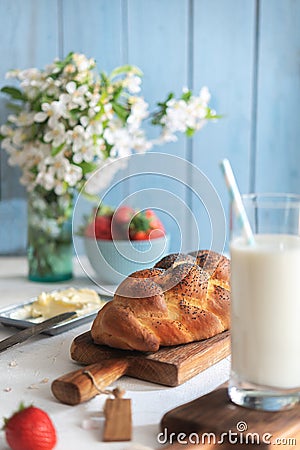 Fresh challah bread for breakfast on rural background Stock Photo