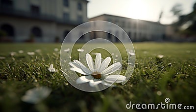 Fresh chamomile blossom in green meadow, basking in sunlight generated by AI Stock Photo