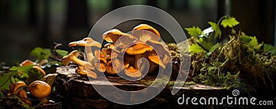 fresh chanterelles mushrooms on wooden table, Bunch of yellow mushroom Stock Photo
