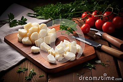 fresh cheese curds on board, knife beside Stock Photo