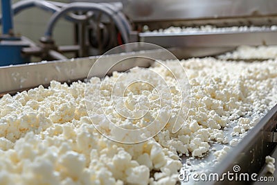 Fresh cheese curds on a conveyor belt in a cheese factory Stock Photo