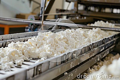 Fresh cheese curds on a conveyor belt in a cheese factory Stock Photo