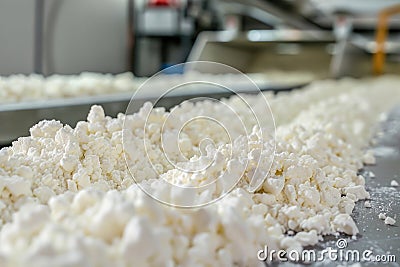 Fresh cheese curds on a conveyor belt in a cheese factory Stock Photo