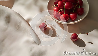 Fresh cherries in a bowl on a white tablecloth, top view Stock Photo