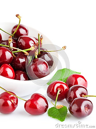 fresh cherry berries with green leaf Stock Photo