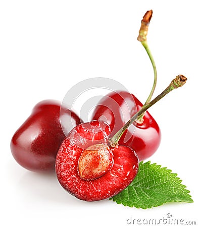 fresh cherry berries with green leaf Stock Photo