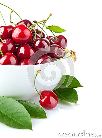 Fresh cherry berries with green leaf Stock Photo