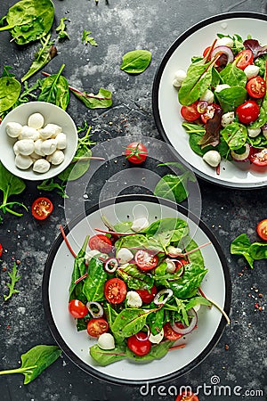 Fresh Cherry Tomato, Mozzarella salad with green lettuce mix and red onion. served on plate. healthy food. Stock Photo