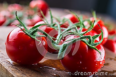 Fresh cherry tomatoes washed clean water. Cut fresh tomatoes Stock Photo