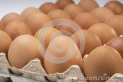 Fresh Chicken eggs in carton box on wooden table. Egg in cardboard box ready to sell. Stock Photo