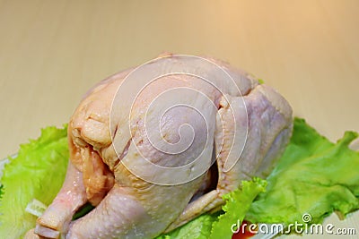 Fresh chicken with lettuce and herbs on a wooden board on the table. Stock Photo