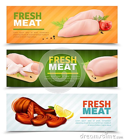Fresh Chicken Meat Horizontal Banners Vector Illustration