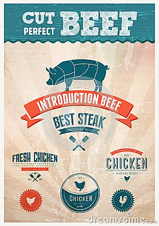 Fresh Chicken and pork beef badges Vector Illustration