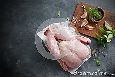 Fresh chicken with spices on vintage background Stock Photo