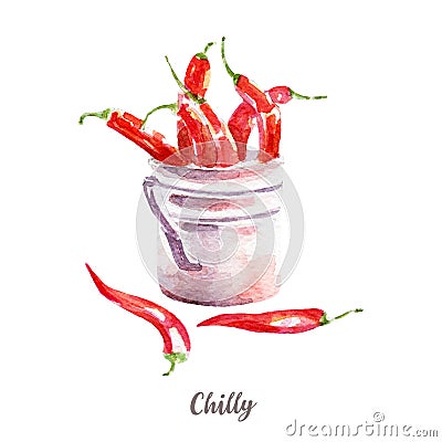 Fresh chilli illustration. Hand drawn watercolor on white background. Cartoon Illustration