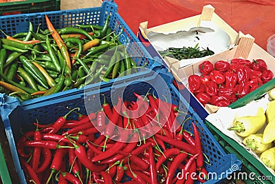 Fresh chillies at food market Stock Photo