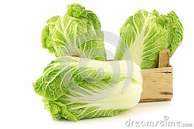 Fresh chinese cabbage in a wooden crate Stock Photo