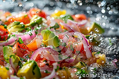 Fresh Citrus Ceviche with Avocado, Tomato, Onion, and Herbs Splashed with Lime Juice on Dark Background Stock Photo
