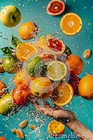 Fresh Citrus Fruits Splashing in Water with Dynamic Motion Against Teal Background Healthy Freshness Concept Stock Photo