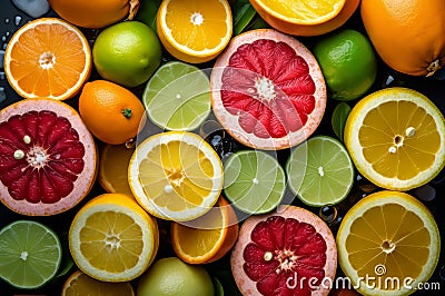 Fresh citruses fruits slices background natural. Generate Ai Stock Photo