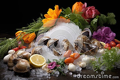 fresh clams on ice with chopped vegetables nearby Stock Photo
