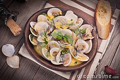 Fresh Cockle clams (Venus, Meretrix) with wine sauce. Portuguese Stock Photo