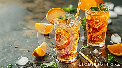 Iced tea with orange slices in tall glasses. Summer refreshment and beverage concept with space for text for banner, menu design Stock Photo