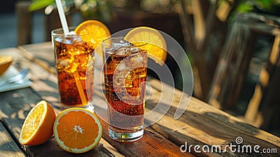 Iced tea with orange slices in tall glasses. Summer refreshment and beverage concept with space for text for banner, menu design Stock Photo