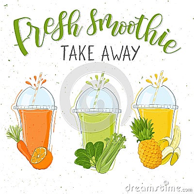 Fresh smoothie in different cups. Take away. Superfoods and health or detox diet food concept in doodle style. Vector Illustration