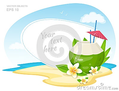 Fresh Coconut Cocktail with Plumeria Flowers, straws and Umbrella on the Island Beach. Summer Time Vacation Attribute. Vector Vector Illustration