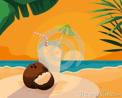 Fresh coconut fruit and juice design Cartoon Illustration