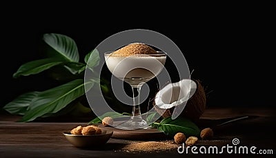 Fresh coconut milk in a glass, a tropical summer refreshment generated by AI Stock Photo